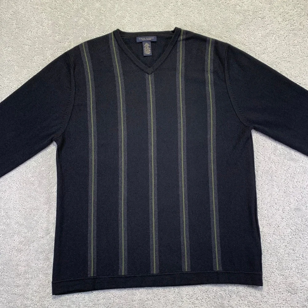 VINTAGE Banana Republic Sweater Mens L Black Striped‎ V-Neck Stretch Merino Wool